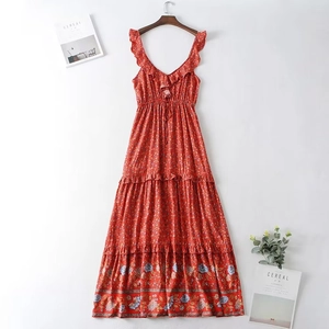 Women's Bohemian Ditsy Floral V Neck Maxi Dress Ruffle Straps Drawstring Waist Tiered Cake Skirt Vacation Boho Long Dress