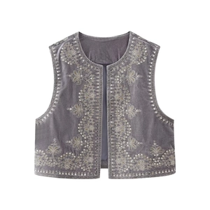 Y2K dark grey velvet cropped vest with vintage silver sequin floral embroidery