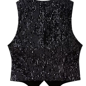 Elegante Damen Weste mit schwarzen Pailletten, V-Ausschnitt und schlanker Passform