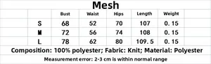 Size chart for floral mesh dress with bust, waist, and hip measurements in centimeters