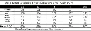Size chart for Y2K double-sided cropped shearling jacket with measurements from XS to XL