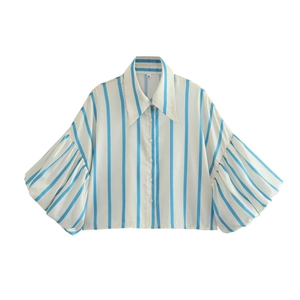 Detail of blue and white vertical striped shirt with puffy sleeves and pointed collar