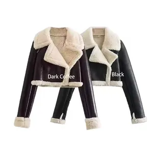 Women's Y2K Faux Leather Aviator Jacket Warm Shearling Lined Cropped Biker Coat Faux Fur Lapel Zipper Outerwear