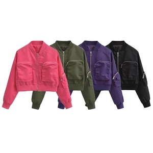 Detail view of cropped bomber jackets in magenta, army green, purple, and black with utility pockets