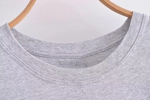 Detailed close-up of a gray Y2K T-shirt showing the ribbed crew neck and fine stitching