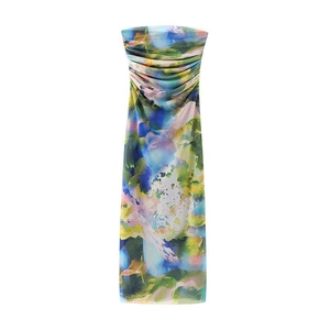 Detail of ruched floral print bodycon dress featuring artistic colorful abstract painting pattern