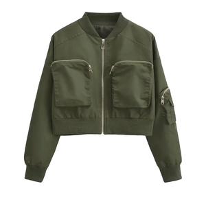 Detail of olive green bomber jacket featuring rib-knit collar and front utility pockets