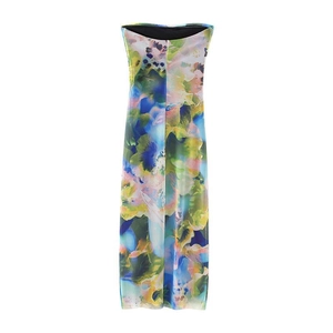 Detailed view of the vibrant Y2K floral print on a slim-fit strapless maxi dress