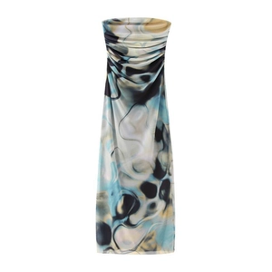 Detailed view of ruched chest and blue marble floral print on strapless tube dress