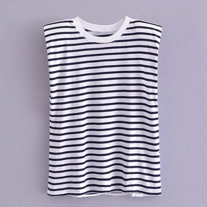 Detail of round neck striped tank top with padded shoulders on a lavender background