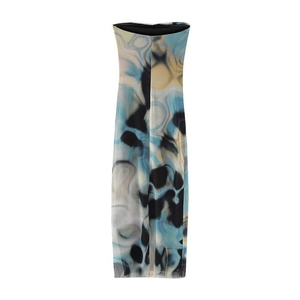 Detailed close-up of Y2K floral print tube dress with blue and yellow abstract pattern