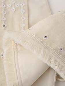 Y2K ethnic beige vest with detailed embroidery, diamond patterns, and tassel fringe trim
