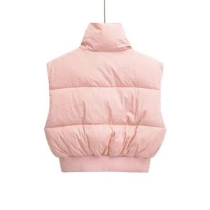 Rear view of pink quilted puffer vest featuring high stand collar and ribbed hem