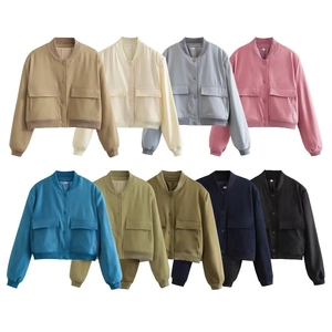 Women Solid Color Bomber Jacket Casual Stand Collar Snap Button Short Outerwear With Pockets Fashion Y2K Streetwear Coat