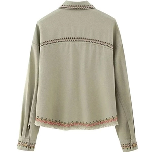 Y2K loose olive jacket with ethnic embroidery and fringed hem, back view display