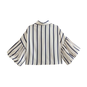 Back view of a striped Y2K short blouse with puff sleeves and clean vertical lines