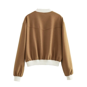 Detailed back view of a brown Y2K bomber jacket featuring white ribbed trim on the collar