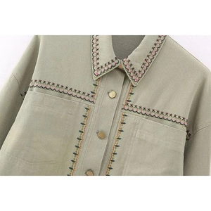 Y2K sage green oversized jacket with detailed ethnic embroidery and metal buttons