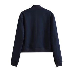 Rear view of deep blue bomber jacket with rib-knit stand collar and smooth matte fabric