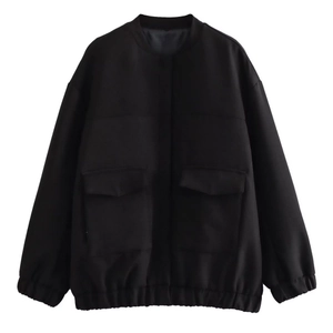 Women's Loose Bomber Jacket Urban Casual Utility Jacket 100% Polyester Stand Collar Solid Color Outerwear With Large Pockets