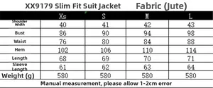 Detailed size chart for slim fit double-breasted blazer including measurements and fabric info