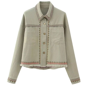 Y2K green embroidered jacket with tassel fringe hem and lapel pockets for women