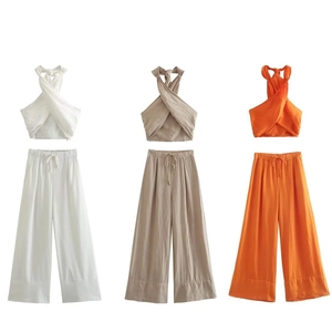 Ensemble Été Femme Crop Top Dos Nu en Mélange de Lin et Pantalon Droit Jambe Large Streetwear Décontracté Couleur Unie Haut Bas