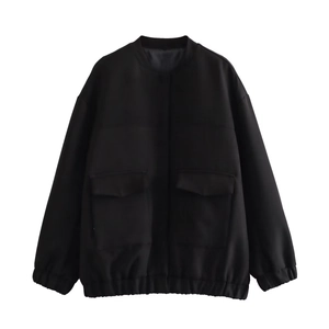 Relaxed Y2K black bomber jacket with standing collar and large utility flap pockets