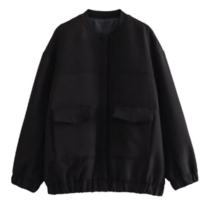 Women's black Y2K loose flight jacket with oversized utility pockets and elastic hem