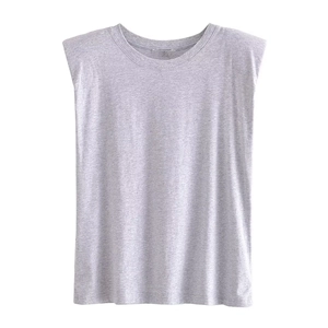 Relaxed fit grey round neck T-shirt featuring structured padded shoulders and sleeveless cut