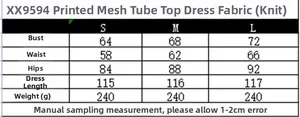 Size chart for Y2K print mesh strapless dress showing S, M, L measurements in cm
