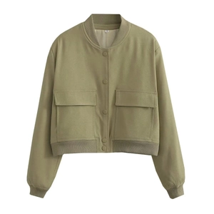 Close-up of olive green bomber jacket featuring snap buttons and ribbed knit details