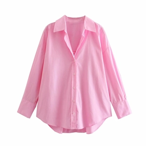 Women's bright pink poplin shirt with lapel collar and long sleeves on white background
