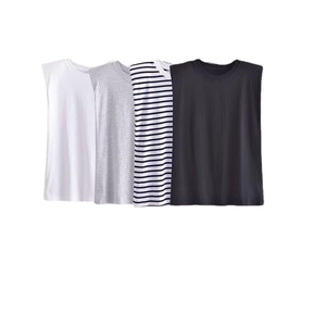 Set of four men's sleeveless crewneck cotton t-shirts in white, grey, black, and stripes