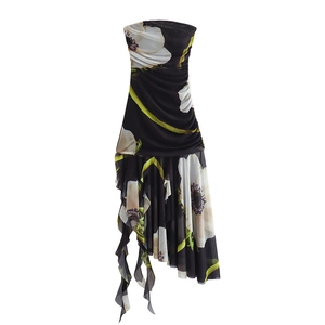 Women Y2K Strapless Midi Dress Floral Print Mesh Ruched Bodycon Dress With Asymmetrical Ruffle Hem Elegant Party Streetwear
