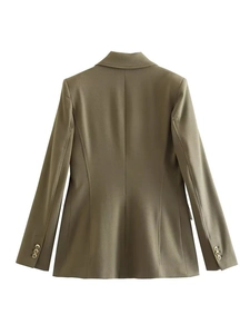 Detail view of khaki slim fit blazer with triple gold buttons on the sleeves and back seams
