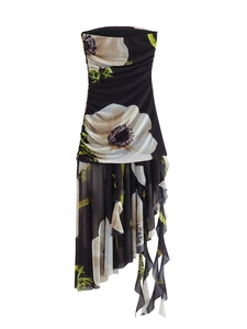 Detail of ruched side and asymmetrical ruffled hem on floral print strapless midi dress