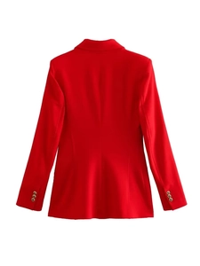 Back view of red double-breasted blazer with waist-slimming fit and gold cuff buttons