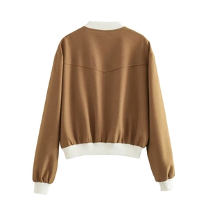 Women's brown Y2K bomber jacket with white rib-knit trim and V-shaped back stitching