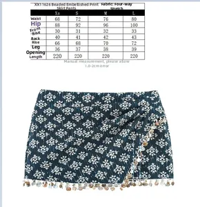 Detailed size chart for Y2K high waist printed skort with beaded hem and stretch fabric