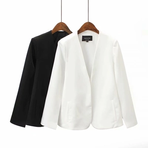 Detail shot of black and white Y2K style split-sleeve blazer jackets with inner neck labels