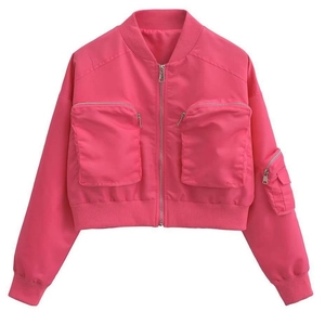 Women Cropped Bomber Jacket Y2K Streetwear Outwear With Multi Pockets Zipper Fly Long Sleeve Stand Collar Fashion Jacket