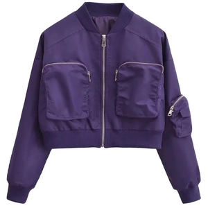 Women's Y2K dark purple cropped bomber jacket with cargo pockets and metallic zip