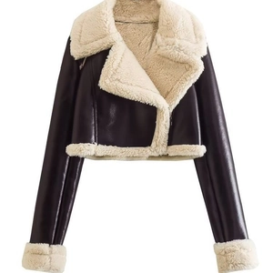 Women's Y2K short aviator jacket in dark brown faux leather with white fleece lining