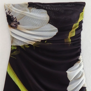 Y2K tube dress with white floral anemone print and side ruched mesh detail