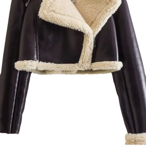 Women's short faux fur shearling jacket in dark brown faux leather with warm fleece lining