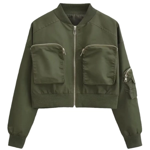 Women's army green Y2K cropped bomber jacket with oversized zipper pockets and rib trim