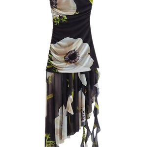 Chic Y2K black mesh midi dress with white floral print and asymmetrical ruffled hemline