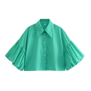 Y2K bright green striped shirt with oversized pointed collar and dramatic puff sleeves