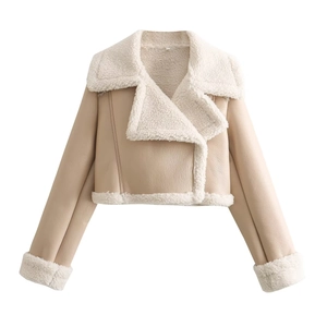 Women's Y2K beige short faux leather jacket with plush white fleece lining and trim